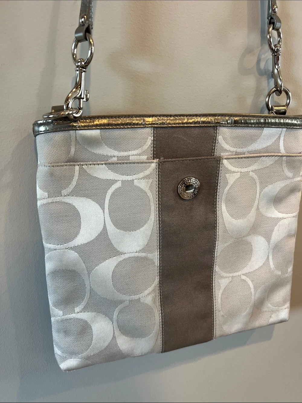 Vintage COACH Crossbody Bag in Light Silver and Chalk Signature Canvas Y2K